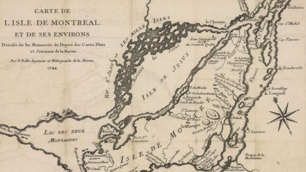 Carte géographique de 1744 décrivant l’île de Montréal et l’île Jésus (Laval). À la droite de la carte, la rivière des Outaouais et le lac des Deux Montagnes. À la gauche, le fleuve Saint-Laurent.