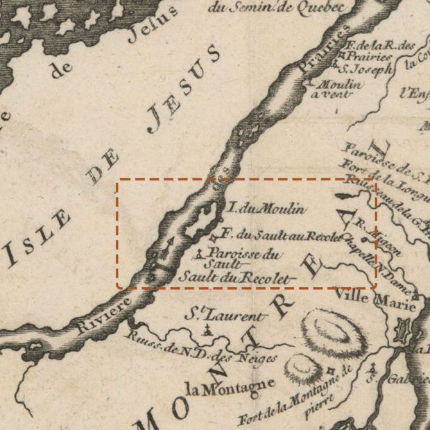 Détail agrandi d’une carte géographique de 1744 décrivant l’île de Montréal et l’île Jésus (Laval). Entre ces deux îles, on retrouve le fort Lorette, l'église paroissiale et les moulins du Sault-au-Récollet, entourés d’une ligne rouge pointillée. 