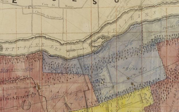 Détail d’un exemplaire colorié à la main de la carte de l’île de Montréal d'André Jobin de 1834. Laval est en haut. Le territoire de la paroisse du Sault-au-Récollet apparait en bleu. Entre les deux, coule la rivière des Prairies. À la droite d’une flèche, l’île de la Visitation.