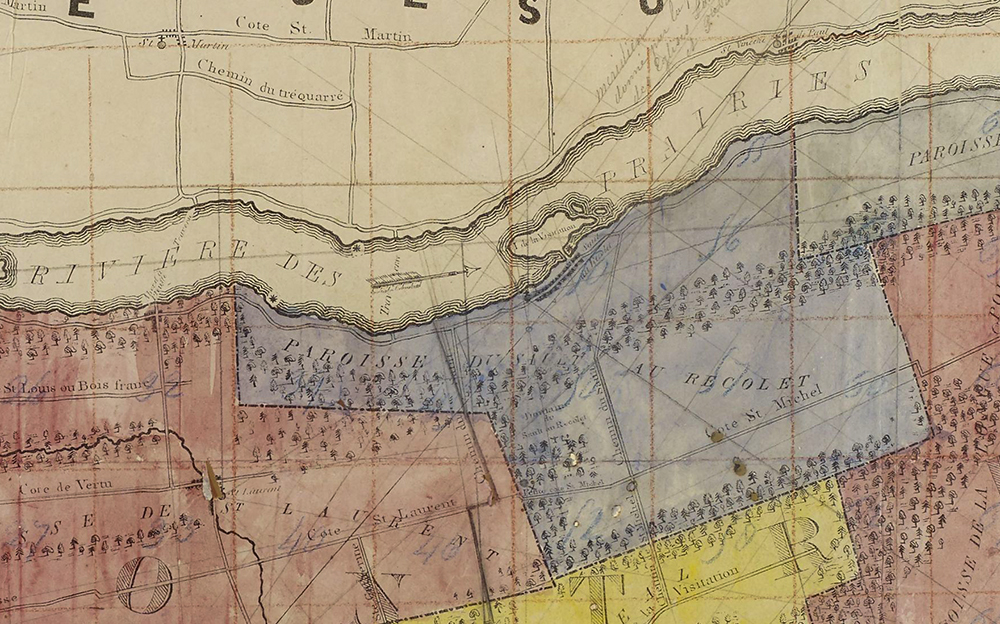 Détail d’un exemplaire colorié à la main de la carte de l’île de Montréal d'André Jobin de 1834. Laval est en haut. Le territoire de la paroisse du Sault-au-Récollet apparait en bleu. Entre les deux, coule la rivière des Prairies. À la droite d’une flèche, l’île de la Visitation.