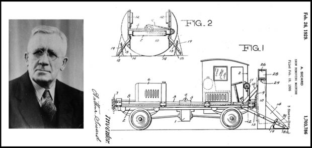À gauche, un portrait photographique d’Arthur Sicard en 1946. Les dessins à sa droite sont une vue de plan (en bas) et une autre en coupe (en haut) de son invention, la souffleuse à neige.