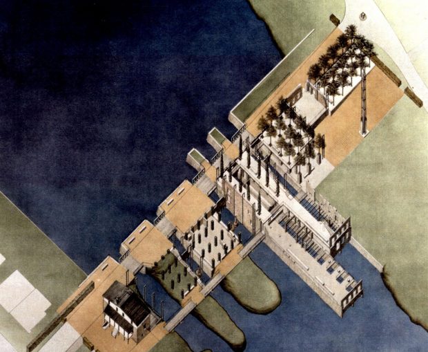 Dessin architectural dit en perspective parallèle du projet pour le réaménagement de la digue du site des Moulins. La digue est à la diagonale de l’image. La maison du Meunier est dans le coin inférieur gauche, sur le rivage de l’île de Montréal.