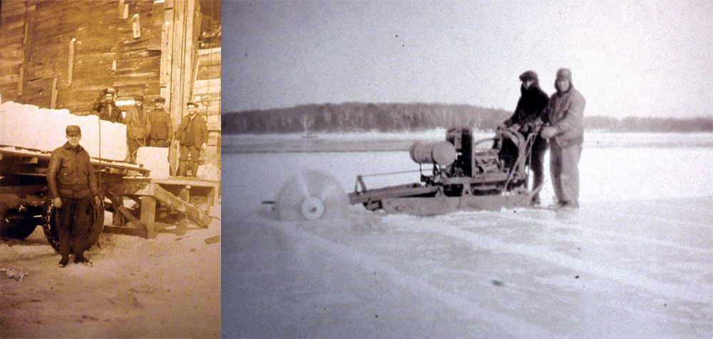 Montage de deux photos d’archives. À gauche : des travailleurs chargent de la glace sur un camion en 1939. À droite, deux hommes coupent de la glace sur un cours d’eau avec une scie motorisée.