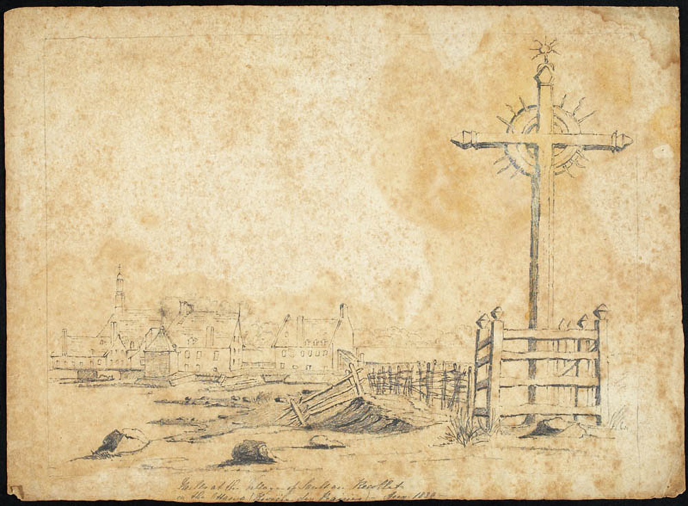Dessin ancien représentant les différents moulins en activité en 1839. Devant eux, une croix plantée sur l’île de la Visitation est entourée d’une clôture. Derrière les moulins, la première église avec son unique clocher. 