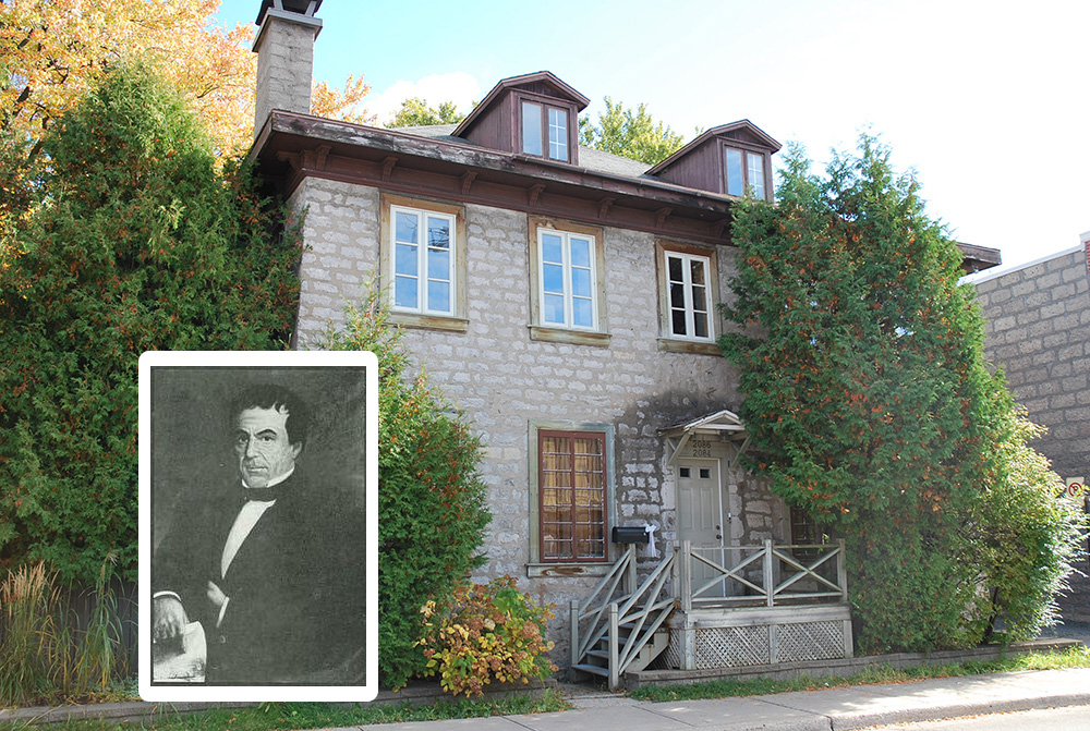 Outlined in white, a reproduction of a painted portrait of Paschal Persillier Sr. The photograph behind the portrait represents the current state of the house built by his son Pascal, on the corner of the main street (Gouin Blvd.) and Du Pont Street.