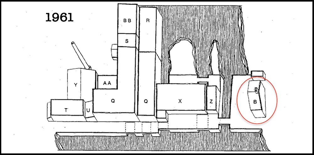 Cette illustration représente les divers bâtiments qui se sont succédé sur la digue et leurs usages. Encerclé dans un ovale rouge, le seul bâtiment qui existe encore aujourd’hui : la maison du Meunier, du côté de la rive de Montréal.