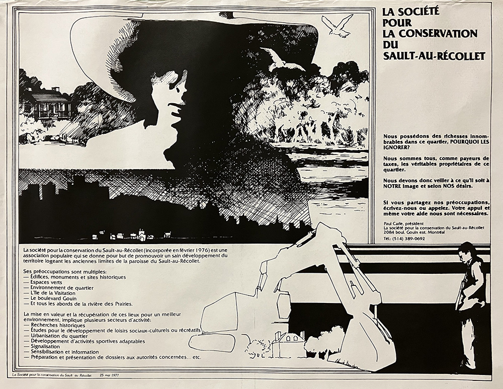 Une affiche avec deux dessins à l’encre. Le dessin du haut combine un personnage avec un large chapeau devant une maison villageoise et des arbres au-dessus d’une représentation de la ligne d’horizon de Montréal. En bas à droite, un homme regarde une immense pièce de machinerie qui s’apprête à détruire une vieille maison entourée d’arbres (1977).