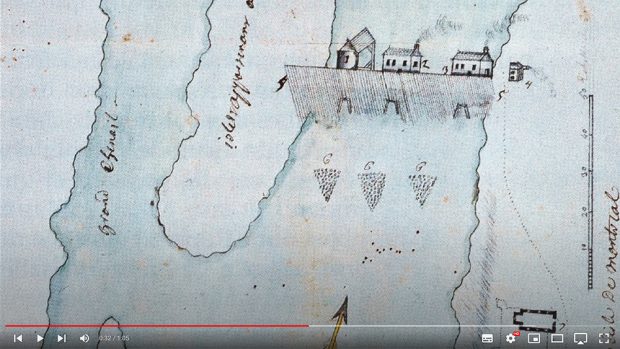 Détail d'un plan du secteur entre le fort Lorette et la digue des moulins, probablement dessiné avant 1750. Au haut du dessin, la digue et les premiers moulins. En bas à droite, le fort Lorette et ses bâtiments, dont l’ancienne chapelle de la mission d’évangélisation.