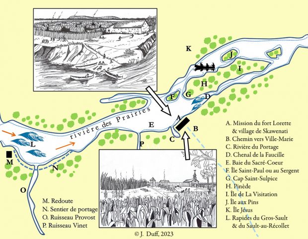 L'illustration de fond montre le contexte géographique du fort de l'avant-poste missionnaire de Nouvelle-Lorette, entre les rapides du Gros-Sault et l'île de la Visitation, au début des années 1700. Deux vues d'artiste du fort sont au premier plan : une première vue du rivage et une seconde de l'intérieur des terres.  Deux théories existent quant à l'emplacement exact du village des Premiers Peuples par rapport au fort.