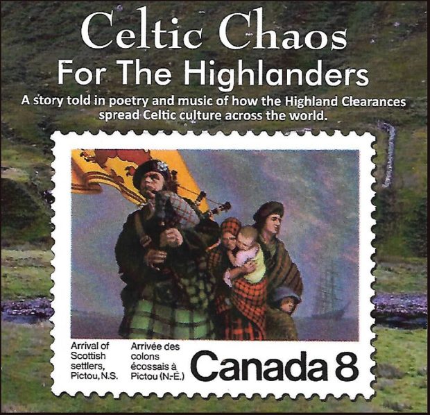 Affiche promotionnelle montrant des artistes celtiques sur un timbre de Postes Canada.