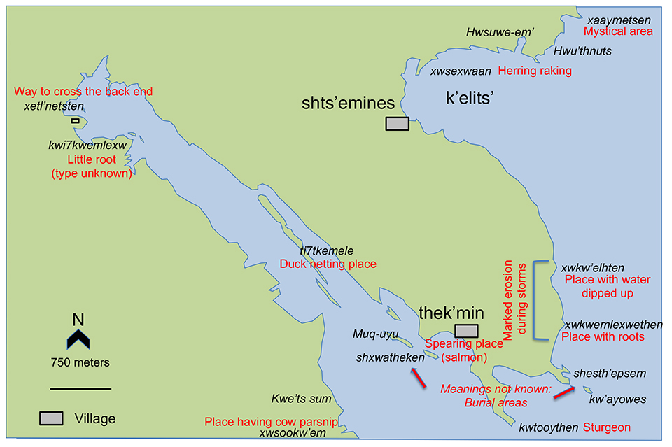 Carte montrant la région de Ladysmith Harbour, la terre en vert et la mer en bleu, avec les noms de lieux en Hul'qumi'num et leurs traductions anglaises lorsqu'elles sont disponibles.