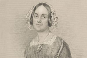 Gravure au pointillé en noir et blanc d'une femme portant des vêtements et une coiffe de style victorien.