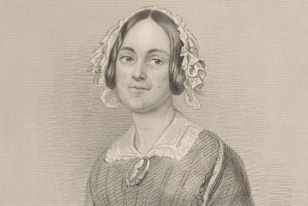 Gravure au pointillé en noir et blanc d'une femme portant des vêtements et une coiffe de style victorien.