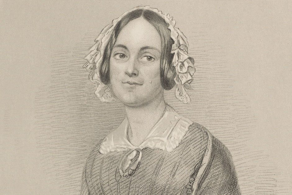 Gravure au pointillé en noir et blanc d'une femme portant des vêtements et une coiffe de style victorien.