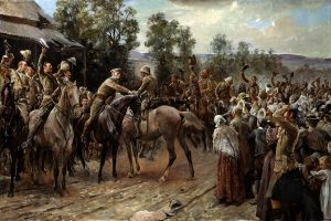 Photo en couleur d'une peinture à l'huile représentant deux hommes montés à cheval, en uniforme de combat, se serrant la main sous les acclamations de soldats à cheval, casquettes levées, ainsi que d'un groupe de civils.