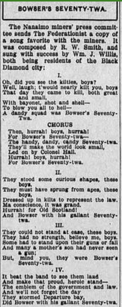 Paroles imprimées de la chanson Bowser's Seventy Twa, publiées dans le British Columbia Federationist.