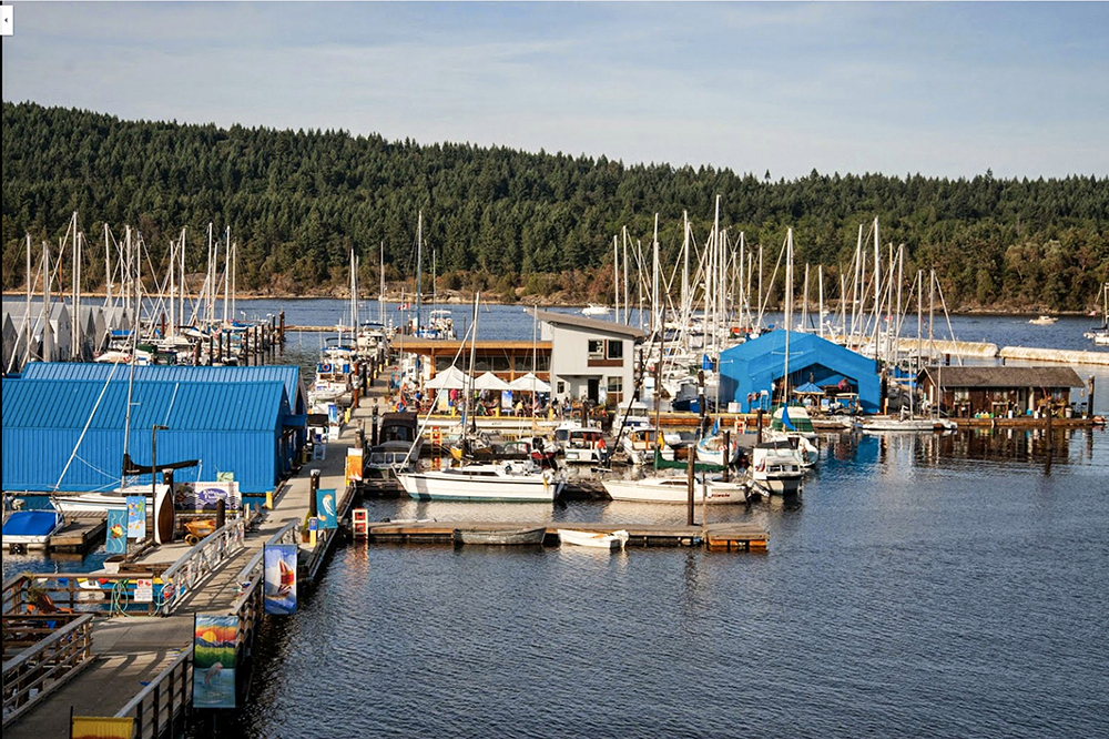 Photographie en couleur de nombreux bateaux de plaisance, à moteur et à voile, amarrés à un complexe de quais flottants.