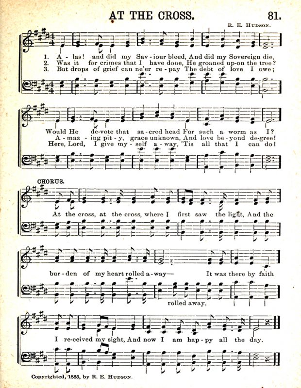 Partition imprimée en noir et blanc avec les paroles de l'hymne At The Cross.