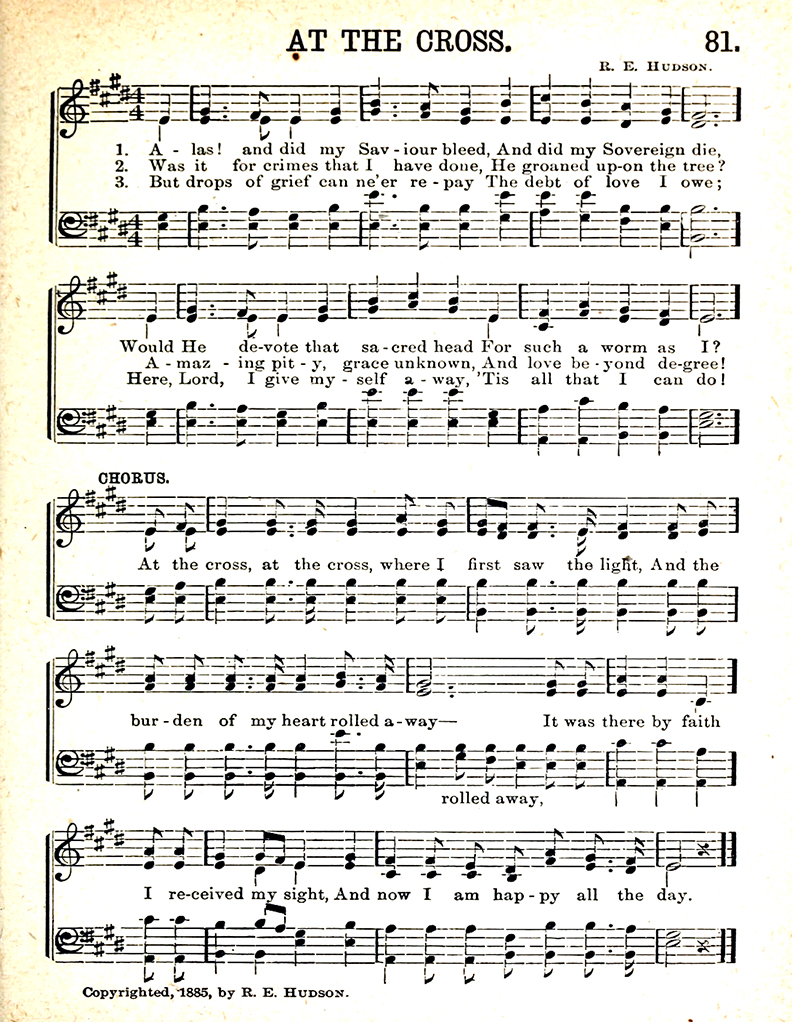 Partition imprimée en noir et blanc avec les paroles de l'hymne At The Cross.