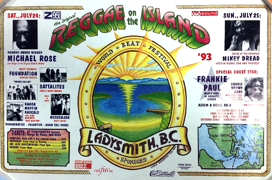 Affiche colorée annonçant la première édition du festival World Beat Reggae on the Island, tenu à Ladysmith les 24 et 25 juillet 1993.
