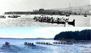 Deux photographies de canots en course, l'une au-dessus de l'autre : en haut, une image en noir et blanc de cinq canots des Premières Nations. En bas, une photographie en couleur montrant six canots. Sur les deux photographies, l'eau autour des canots est agitée par l'activité intense des pagayeurs.