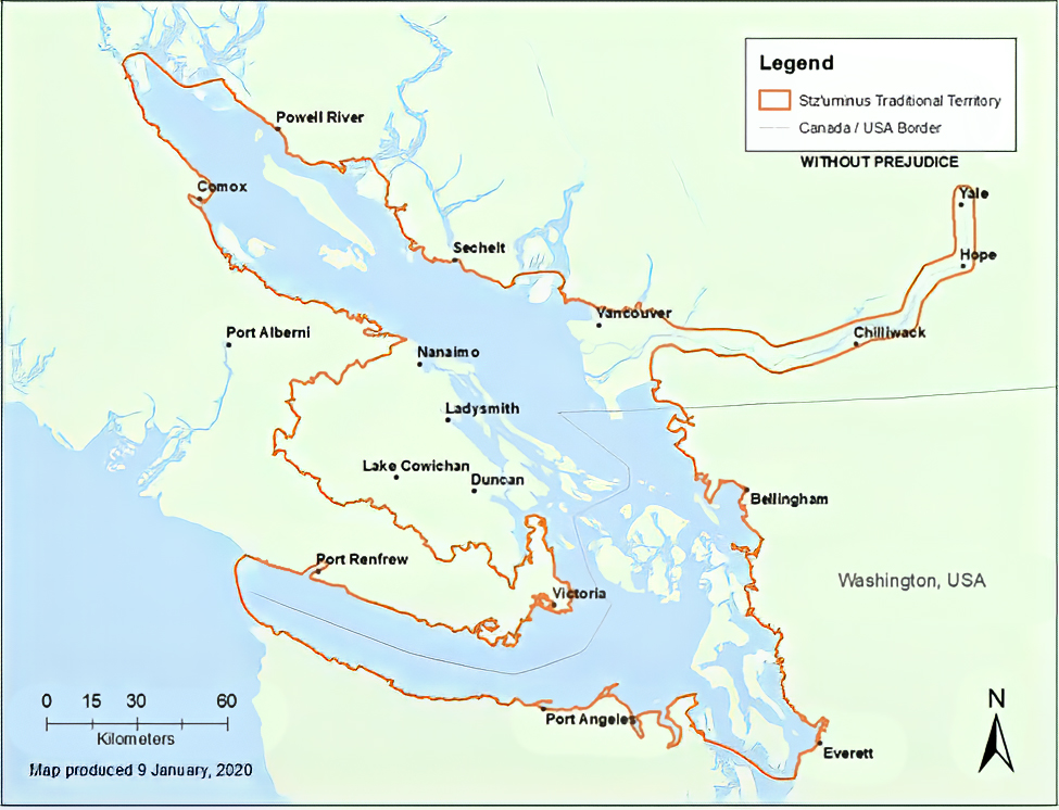 Carte en anglais montrant le sud-est de l'île de Vancouver et la région continentale adjacente en vert, avec la mer en bleu et les limites du territoire traditionnel de la Première Nation Salish Stz'uminus de la côte tracées en brun.