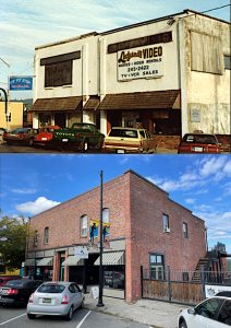 Deux photos en couleur, avant et après restauration, montrant une vue oblique de la façade du même bâtiment commercial à toit plat. L’image « avant » présente les murs recouverts de stuc blanc abîmé, les fenêtres cachées par des enseignes, et un auvent en cèdre continu au-dessus des portes et fenêtres. L’image « après » montre les murs restaurés jusqu'à la brique d'origine, les fenêtres arquées du deuxième étage dégagées, et des auvents séparés pour les fenêtres commerciales du rez-de-chaussée.