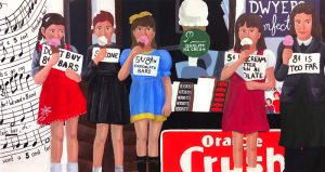 Une fresque murale à Chemainus, sur l'île de Vancouver, montrant des enfants léchant des cornets de crème glacée à 5 ¢ au lieu de manger des barres de chocolat à 8 ¢, tout en protestant contre la hausse du prix du chocolat de 5 ¢ à 8 ¢ pendant la guerre des barres de chocolat de 1947. Peinte en 2017.