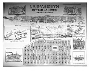 Carte du plan quadrillé de la ville de Ladysmith, accompagnée d'illustrations grandioses représentant un port rempli de navires, de quais à charbon, d'industries, de bâtiments commerciaux et d'une charmante maison.