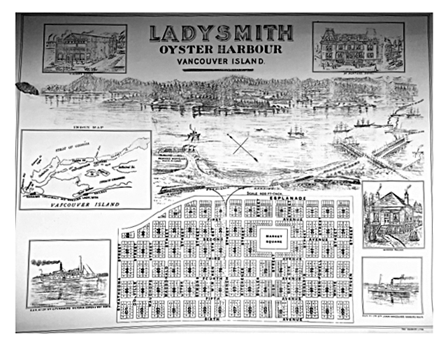 Carte du plan quadrillé de la ville de Ladysmith, accompagnée d'illustrations grandioses représentant un port rempli de navires, de quais à charbon, d'industries, de bâtiments commerciaux et d'une charmante maison.
