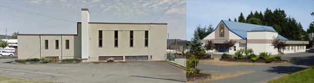 Deux images en couleur côte à côte. À gauche, une vue latérale d'un simple bâtiment à toit plat à deux pentes. À droite, un vaste bâtiment à toit mixte de style pignon. L'entrée principale comporte une porte à panneaux multiples sous une fenêtre cintrée proéminente, avec une représentation en vitrail du Christ flanqué de colombes blanches.