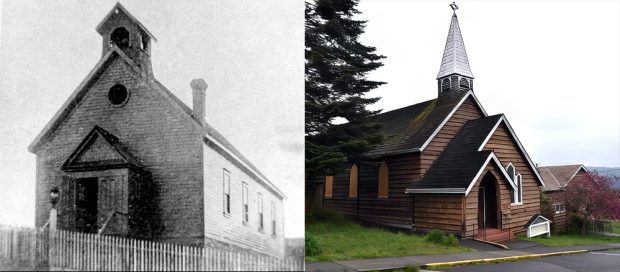 Deux images côte à côte. À gauche, une photo en noir et blanc d'une simple église en bois ressemblant à une halle, avec un porche à deux portes sur le pignon, quatre fenêtres rectangulaires le long du mur latéral et un clocher sur le toit à pente raide près de l'entrée. À droite, une photo en couleur du même bâtiment modifié par l'ajout de fenêtres en arc gothique et d'une flèche recouverte de tôle au-dessus d'un clocher surmonté d'une croix.