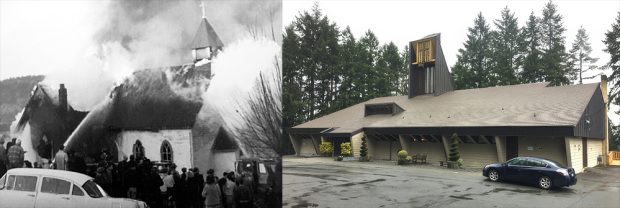 Deux images côte à côte. À gauche, une photo en noir et blanc d'une foule observant une église en bois à toit à pignon engloutie par les flammes, avec plusieurs boyaux d’incendie arrosant le toit partiellement effondré. À droite, une photo en couleur d'une grande église de style moderne de la côte ouest.