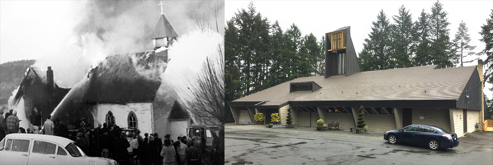 Deux images côte à côte. À gauche, une photo en noir et blanc d'une foule observant une église en bois à toit à pignon engloutie par les flammes, avec plusieurs boyaux d’incendie arrosant le toit partiellement effondré. À droite, une photo en couleur d'une grande église de style moderne de la côte ouest.
