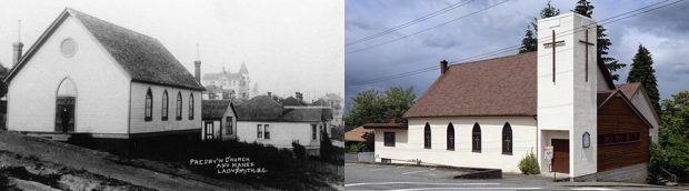 Deux images du même bâtiment d'église. À gauche, une photo en noir et blanc prise en 1910 montre une simple salle rectangulaire. À droite, une photo en couleur prise en 2022 montre l'ajout d'une tour d'entrée rectangulaire et d'un porche à pignon.