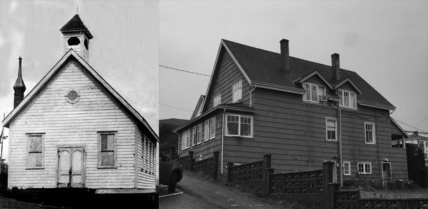Deux images du même bâtiment. À gauche, une photo en noir et blanc d'une simple salle paroissiale en bois avec des portes d'entrée doubles, des fenêtres rectangulaires, un clocher et une cheminée en brique ornée sur le côté. À droite, une photo en couleur du même bâtiment transformé en habitation privée de trois étages.