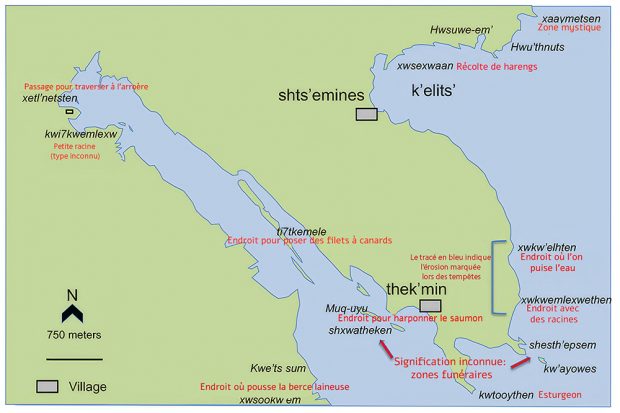 Carte montrant la région de Ladysmith Harbour, la terre en vert et la mer en bleu, avec les noms de lieux en Hul'qumi'num et leurs traductions anglaises lorsqu'elles sont disponibles.