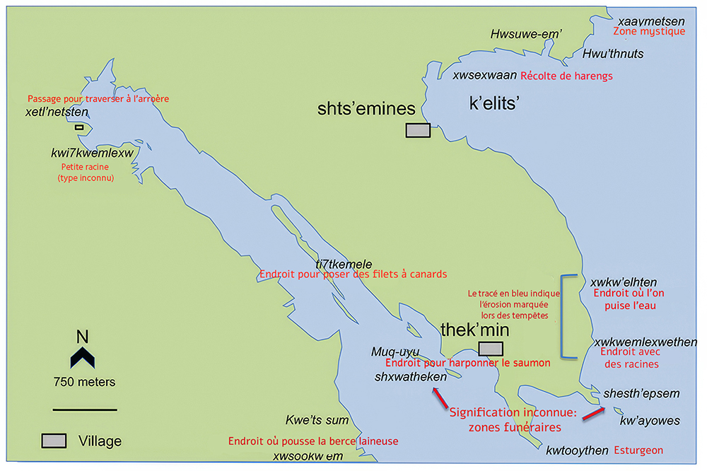 Carte montrant la région de Ladysmith Harbour, la terre en vert et la mer en bleu, avec les noms de lieux en Hul'qumi'num et leurs traductions anglaises lorsqu'elles sont disponibles.