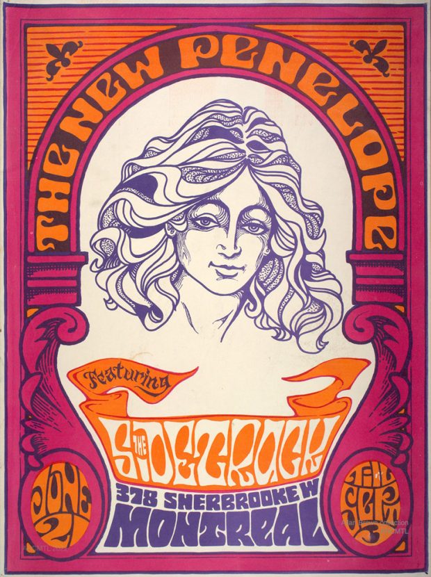 Affiche imprimée avec des encres violet clair, bleu foncé et orange, représentant une illustration de la déesse grecque Pénélope sous une grande bannière incurvée portant les mots The New Penelope et des caractères psychédéliques stylisés différemment sur la moitié inférieure.