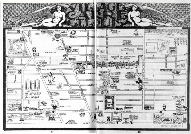 Carte dessinée à la main du quartier Village Carré Saint-Louis de Montréal au début des années 1970, comportant des images et des informations dessinées à la main illustrant les lieux et les magasins notables du quartier.