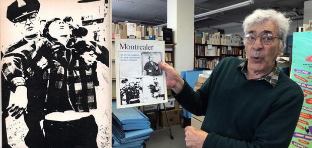 Photomontage avec, sur le côté gauche, l'image en noir et blanc d'un policier tenant un jeune homme par les aisselles et, sur le côté droit, un homme plus âgé aux cheveux blancs tendant un magazine et parlant en direction de l'appareil photo dans une pièce remplie d'étagères et de livres. L'homme figurant sur les deux images est Michael Nerenberg.