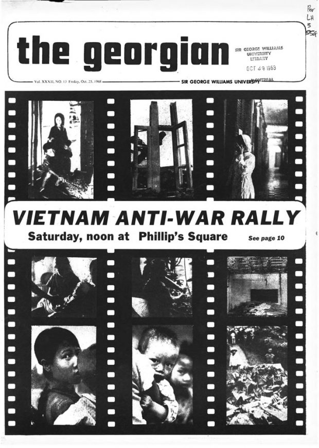 Page de couverture en noir et blanc du journal étudiant The Georgian présentant trois bandes de film stylisées avec des images de la guerre du Viêt Nam et un titre au milieu de la page.