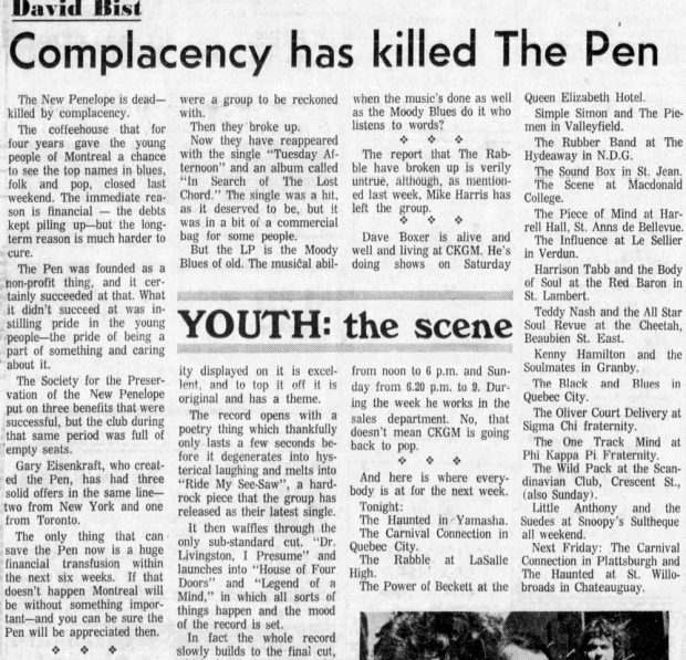 Coupure de presse en noir et blanc montrant un article intitulé La complaisance a tué la plume.