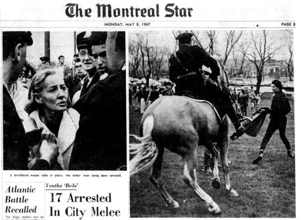 La première page du journal The Montreal Star avec une image d'une femme affrontant des policiers dans un parc et une image de policiers à cheval chargeant un cheval sur des personnes rassemblées dans un parc