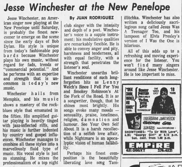 Article de journal en noir et blanc sur trois colonnes promouvant les concerts de Jesse Winchester au New Penelope