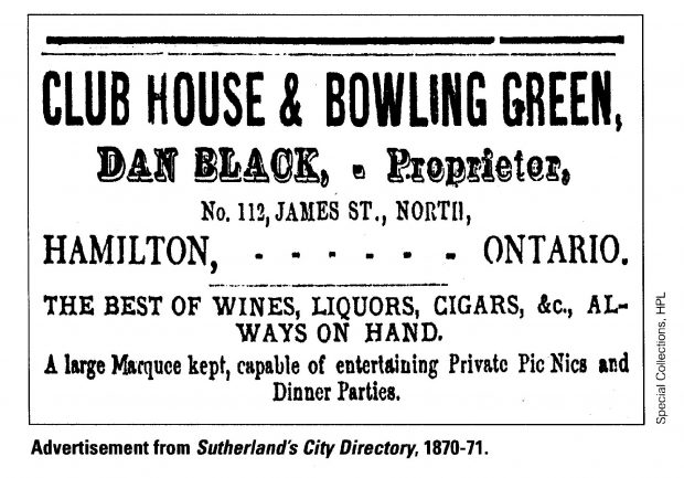 Annonce imprimée du Dan Black’s Club House vantant la sélection supérieure de vins, de spiritueux et de cigares de l’établissement.