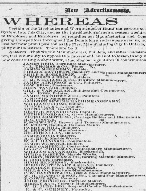 Publicité tirée du journal Hamilton Spectator, publiée par des commerçants opposés à la Ligue. Le segment montré répertorie plusieurs dizaines de noms, y compris celui de la fonderie E & C. Gurney.