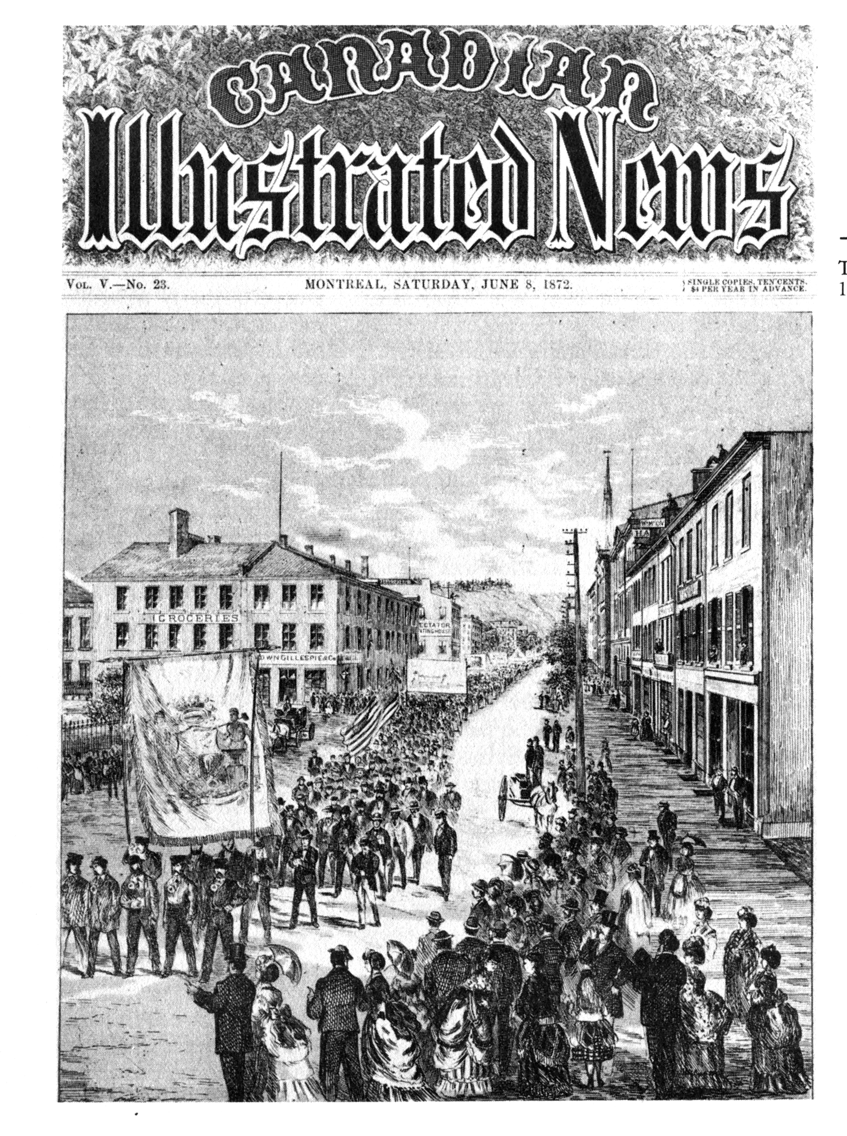 Couverture du magazine Canadian Illustrated News (numéro du 8 juin 1872) montrant le défilé des travailleurs du 15 mai 1872. On peut y voir une foule de spectateurs amassés sur les trottoirs alors que des centaines de travailleurs défilent, brandissant de grandes banderoles et des drapeaux dans la rue.