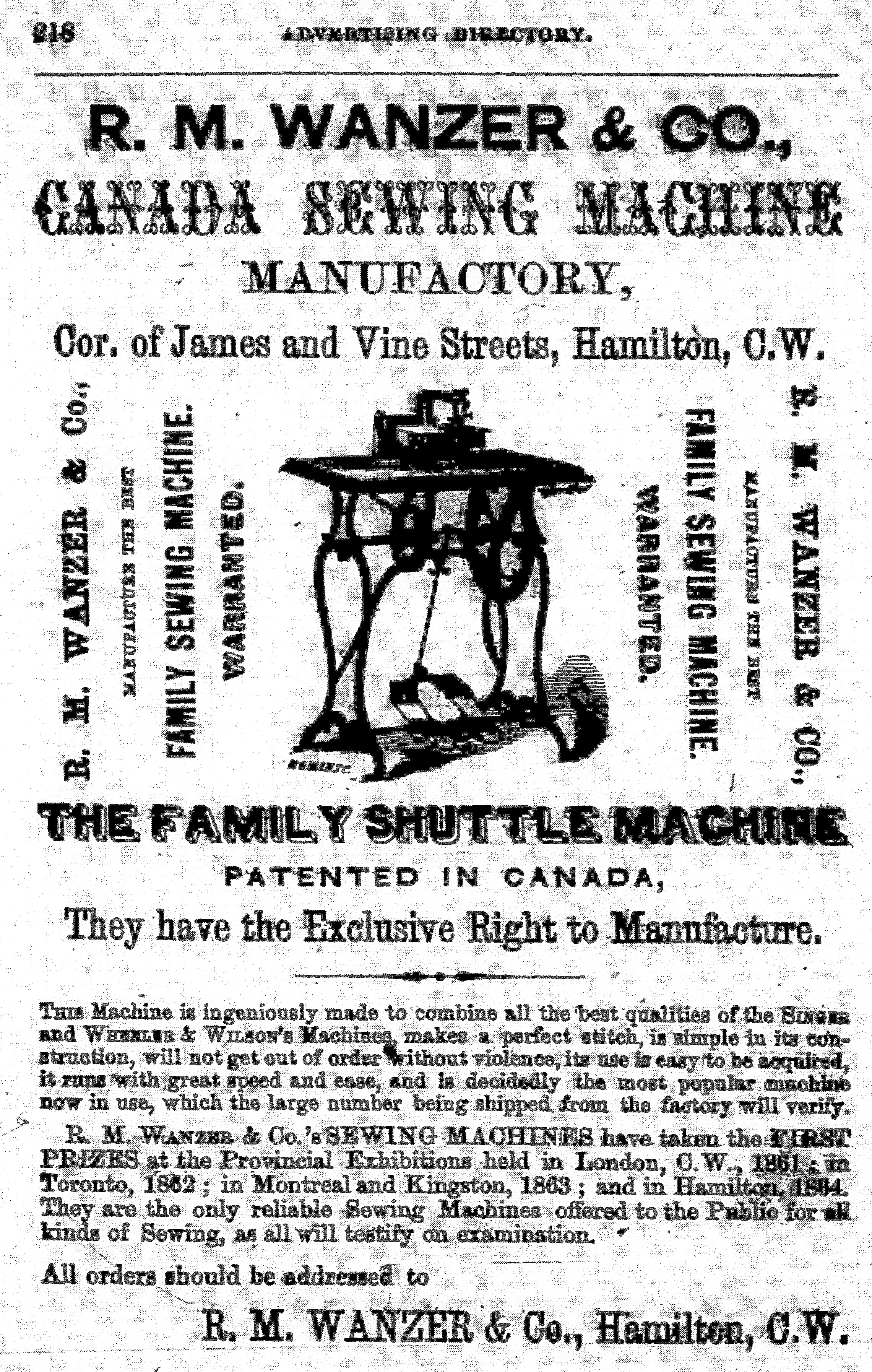 Annonce imprimée de R.M. Wanzer & Company mettant en vedette la toute nouvelle machine à coudre familiale à navette du fabricant. La publicité explique comment passer une commande et comprend une illustration du nouveau produit.