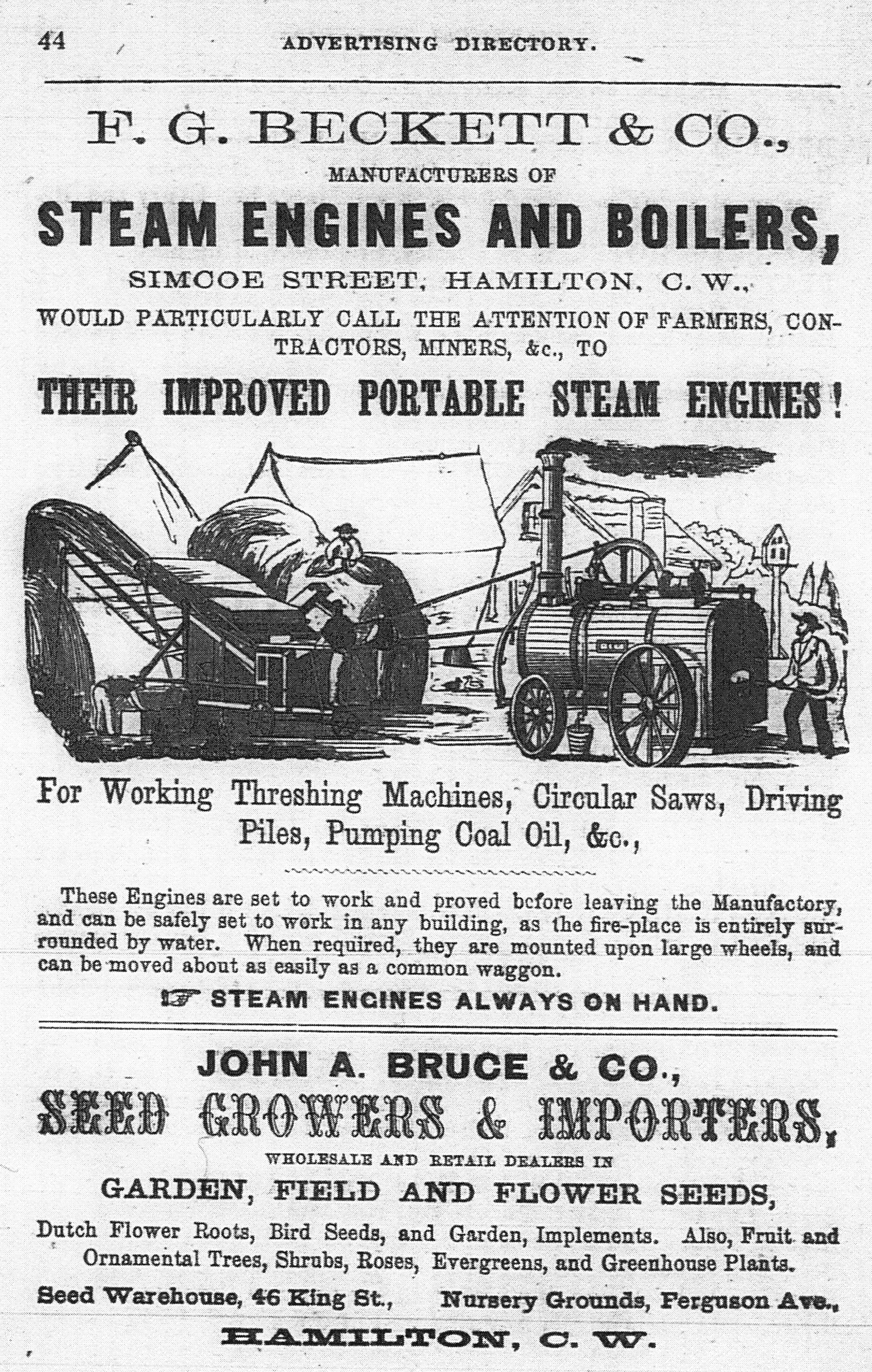 Annonce imprimée des moteurs et chaudières à vapeur de F.G. Beckett & Company, comportant une illustration et une description des « moteurs à vapeur portatifs améliorés » de l’entreprise.